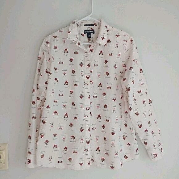 Lands End Shirt Blouse Womens 16P White Christmas Dog Supima Cotton Novelty - Picture 1 of 8